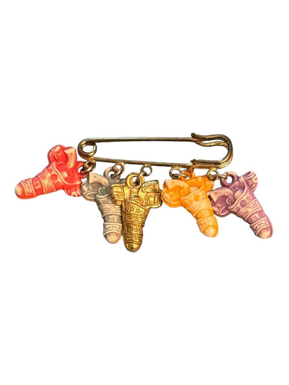Vintage Western Revolvers Safety Pin Brooch with Colorful Charms
